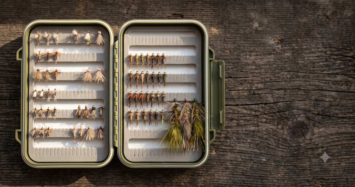 Scatola portamosche aperta con assortimento ordinato per tecnica
