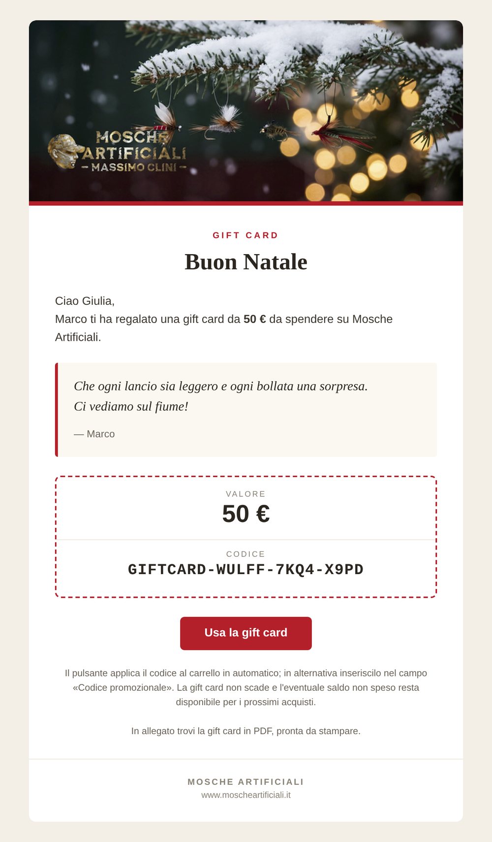 Email della gift card ricevuta dal destinatario